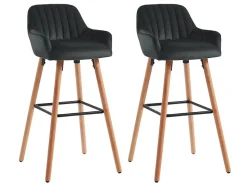 Lot de 2 tabourets de bar en velours et pieds bois de hêtre - Noir - ELEANA