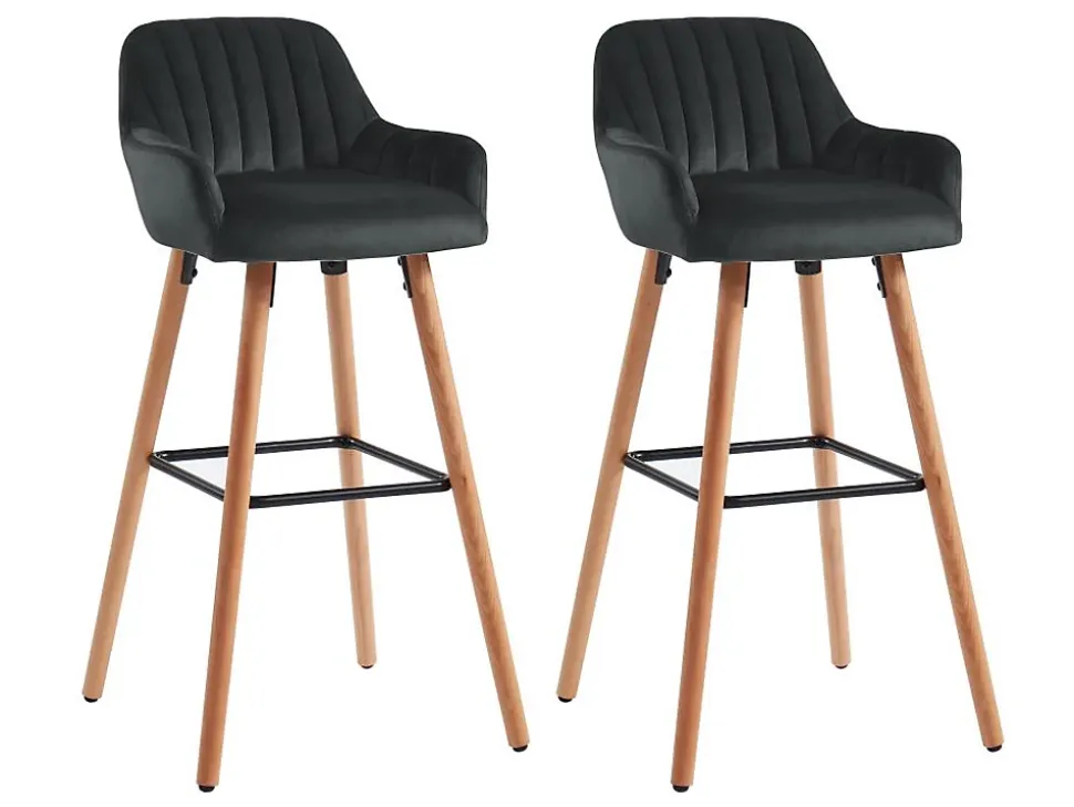 Lot de 2 tabourets de bar en velours et pieds bois de hêtre - Noir - ELEANA