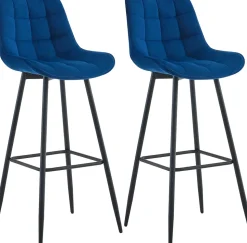 Lot de 2 tabourets de bar Dartford, Chaise de bar rembourrée, Structure métallique Bleu/Velours