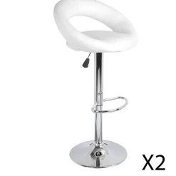 Lot de 2 tabourets de bar réglables en hauteur 77-97 cm Assise simili cuir PU blanc, pied en métal gris, diamètre 40 cm