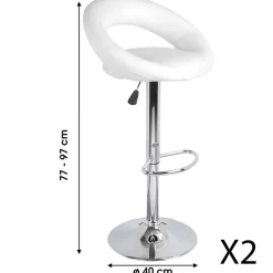 Lot de 2 tabourets de bar réglables en hauteur 77-97 cm Assise simili cuir PU blanc, pied en métal gris, diamètre 40 cm