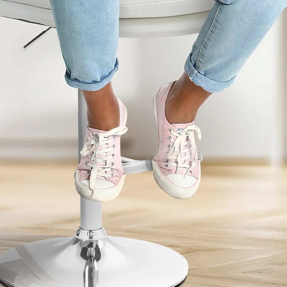 Lot de 2 tabourets de bar Damar similicuir, chaise réglable, pivotante, avec repose-pieds, dossier Blanc/Chrome