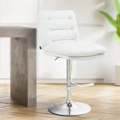 Lot de 2 tabourets de bar Damar similicuir, chaise réglable, pivotante, avec repose-pieds, dossier Blanc/Chrome
