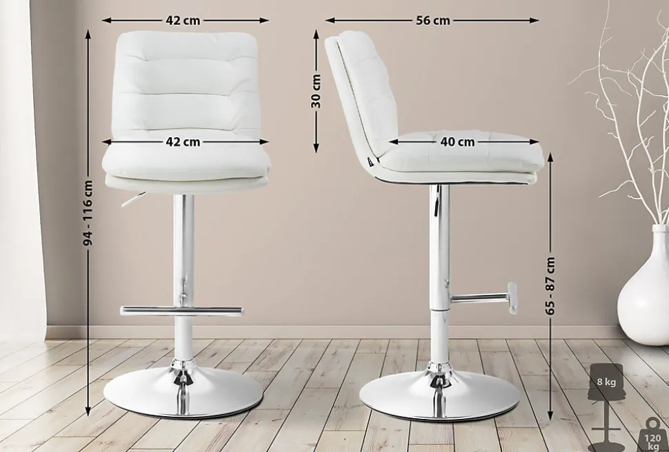 Lot de 2 tabourets de bar Damar similicuir, chaise réglable, pivotante, avec repose-pieds, dossier Blanc/Chrome