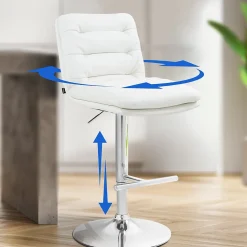 Lot de 2 tabourets de bar Damar similicuir, chaise réglable, pivotante, avec repose-pieds, dossier Blanc/Chrome