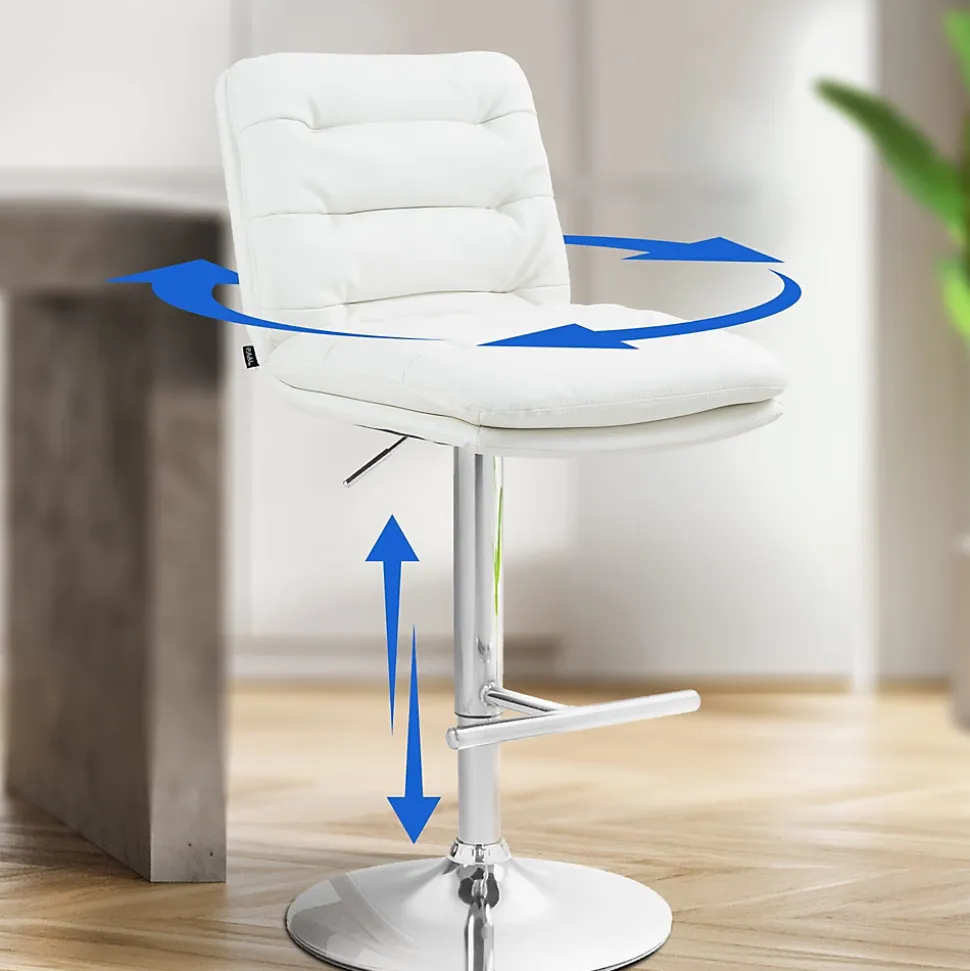 Lot de 2 tabourets de bar Damar similicuir, chaise réglable, pivotante, avec repose-pieds, dossier Blanc/Chrome