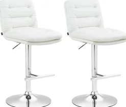 Lot de 2 tabourets de bar Damar similicuir, chaise réglable, pivotante, avec repose-pieds, dossier Blanc/Chrome