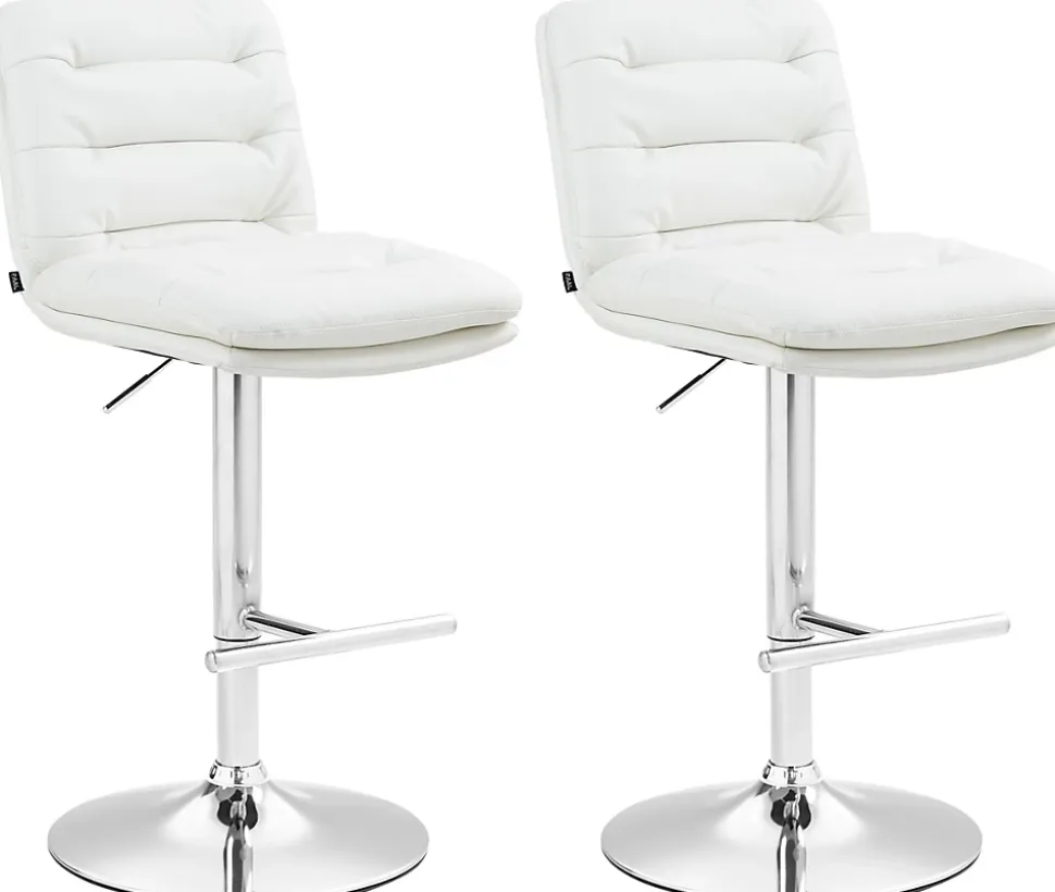 Lot de 2 tabourets de bar Damar similicuir, chaise réglable, pivotante, avec repose-pieds, dossier Blanc/Chrome
