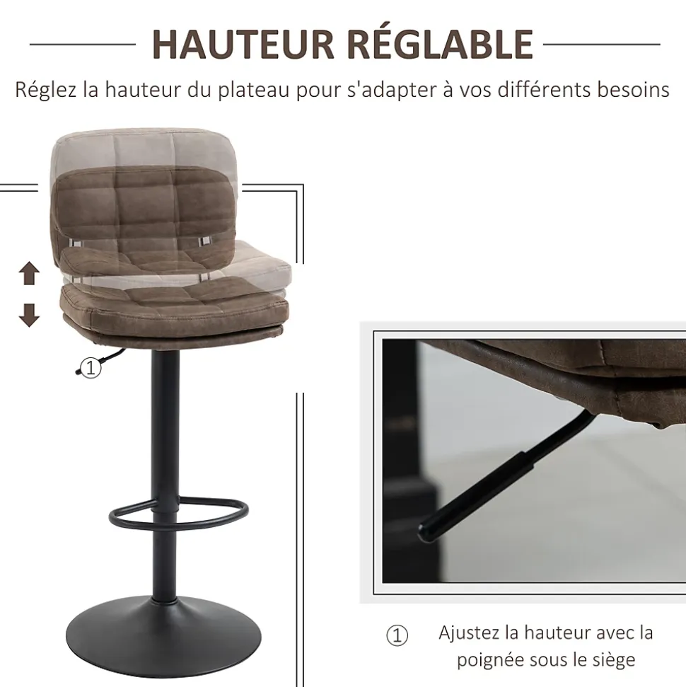 Lot de 2 tabourets de bar Vintage capitonné - pivotant, réglable - repose-pied - revêtement synthétique marron effet vieilli