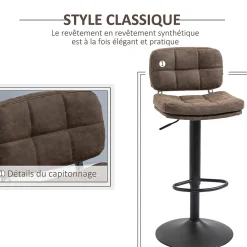 Lot de 2 tabourets de bar Vintage capitonné - pivotant, réglable - repose-pied - revêtement synthétique marron effet vieilli