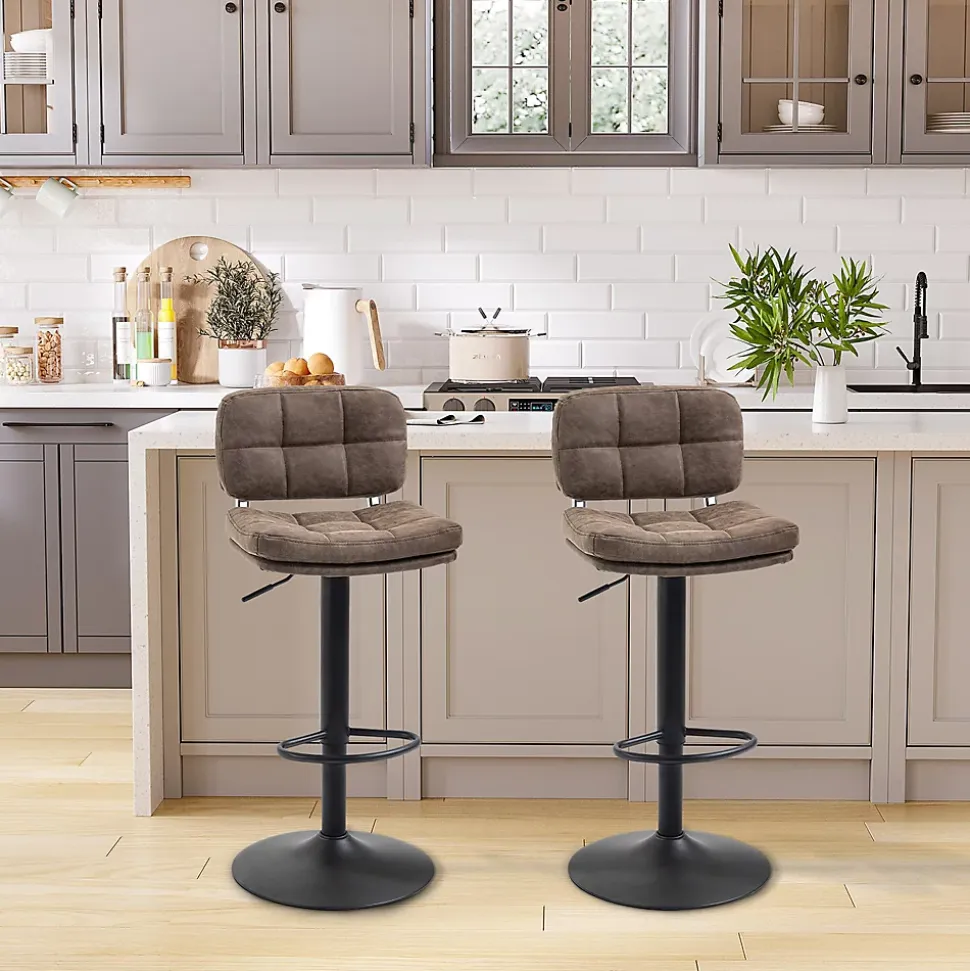 Lot de 2 tabourets de bar Vintage capitonné - pivotant, réglable - repose-pied - revêtement synthétique marron effet vieilli