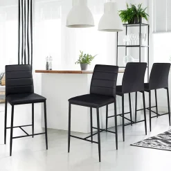 Lot de 4 tabourets ROMANE en PVC noir design contemporain chaises de bar rembourrées