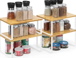 Lot de 4 étagères à épices en bambou empilables blanc