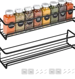 Lot de 2 étagères à épices murales en métal à suspendre avec adhésif ou montage à vis Noir