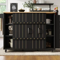 Îlot de Cuisine - avec Plan de Travail, Tiroirs et Portes Coulissantes, Étagère à Épices, Porte-Serviettes, Noir 110x42x90 cm