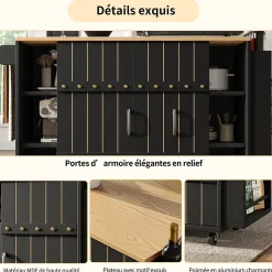 Îlot de Cuisine - avec Plan de Travail, Tiroirs et Portes Coulissantes, Étagère à Épices, Porte-Serviettes, Noir 110x42x90 cm