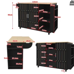 Îlot de Cuisine - avec Plan de Travail, Tiroirs et Portes Coulissantes, Étagère à Épices, Porte-Serviettes, Noir 110x42x90 cm