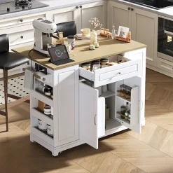 Îlot de cuisine avec Tiroirs et Compartiment Poubelle - Plateau Rabattable Extensible, MDF, Blanc+Nature 131,8x40-70x93,3 cm