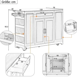 Îlot de cuisine avec Tiroirs et Compartiment Poubelle - Plateau Rabattable Extensible, MDF, Blanc+Nature 131,8x40-70x93,3 cm