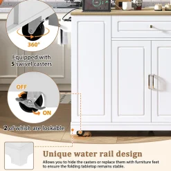 Îlot de cuisine avec Tiroirs et Compartiment Poubelle - Plateau Rabattable Extensible, MDF, Blanc+Nature 131,8x40-70x93,3 cm