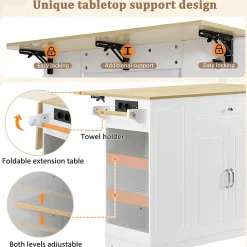 Îlot de cuisine avec Tiroirs et Compartiment Poubelle - Plateau Rabattable Extensible, MDF, Blanc+Nature 131,8x40-70x93,3 cm
