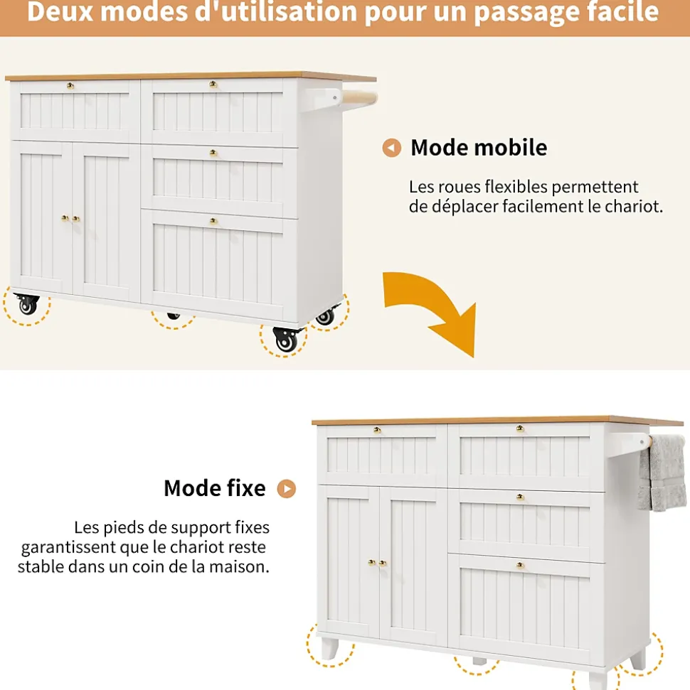 Îlot de cuisine - Buffet de Cuisine Multifonction avec Rangements Extensibles et Tiroirs, MDF et Métal, 120,8x37,3x88 cm, Blanc