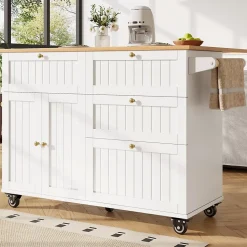 Îlot de cuisine - Buffet de Cuisine Multifonction avec Rangements Extensibles et Tiroirs, MDF et Métal, 120,8x37,3x88 cm, Blanc