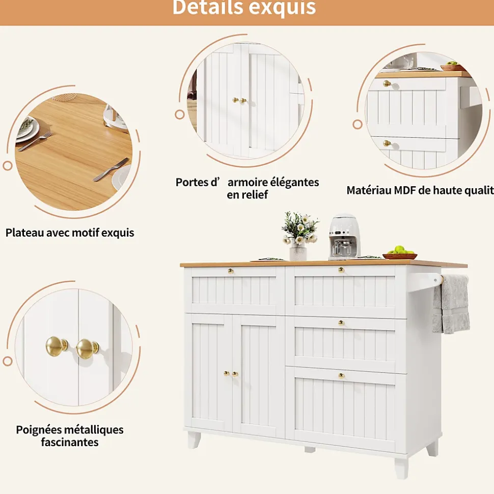 Îlot de cuisine - Buffet de Cuisine Multifonction avec Rangements Extensibles et Tiroirs, MDF et Métal, 120,8x37,3x88 cm, Blanc