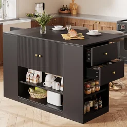 Îlot de Cuisine - Chariot de Cuisine avec Tiroirs et Étagères Ouvertes, Meuble de Rangement Indépendant, MDF Noir 140x70x90 cm
