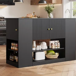 Îlot de Cuisine - Chariot de Cuisine avec Tiroirs et Étagères Ouvertes, Meuble de Rangement Indépendant, MDF Noir 140x70x90 cm