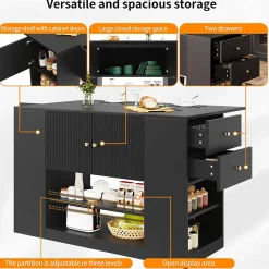 Îlot de Cuisine - Chariot de Cuisine avec Tiroirs et Étagères Ouvertes, Meuble de Rangement Indépendant, MDF Noir 140x70x90 cm