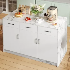 Îlot de Cuisine - Desserte avec 3 Tiroirs Silencieux, 3 Portes et Étagères Réglables, Effet Marbre Blanc, 120x60x90,5 cm