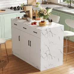 Îlot de Cuisine - Desserte avec 3 Tiroirs Silencieux, 3 Portes et Étagères Réglables, Effet Marbre Blanc, 120x60x90,5 cm