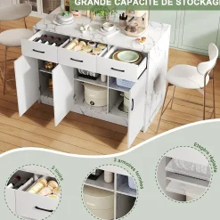 Îlot de Cuisine - Desserte avec 3 Tiroirs Silencieux, 3 Portes et Étagères Réglables, Effet Marbre Blanc, 120x60x90,5 cm