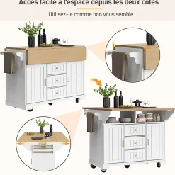 Îlot de Cuisine - desserte Multifonction avec Rangement et Table Extensible - MDF, Blanc, 120x40-80x95 cm