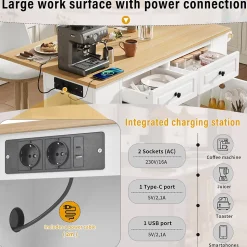 Îlot de Cuisine - Desserte de Cuisine avec Plan de Travail Rabattable et Compartiments de Poubelle - MDF + PB - Blanc