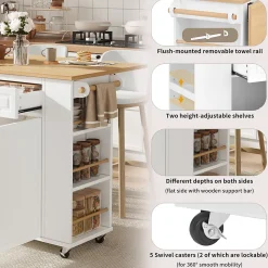 Îlot de Cuisine - Desserte de Cuisine avec Plan de Travail Rabattable et Compartiments de Poubelle - MDF + PB - Blanc