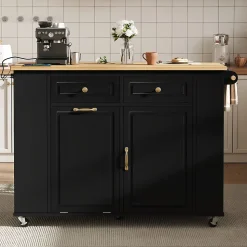 Îlot de Cuisine - Desserte de Cuisine avec Plan de Travail Rabattable et Compartiments de Poubelle - MDF + PB - Noir