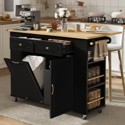 Îlot de Cuisine - Desserte de Cuisine avec Plan de Travail Rabattable et Compartiments de Poubelle - MDF + PB - Noir