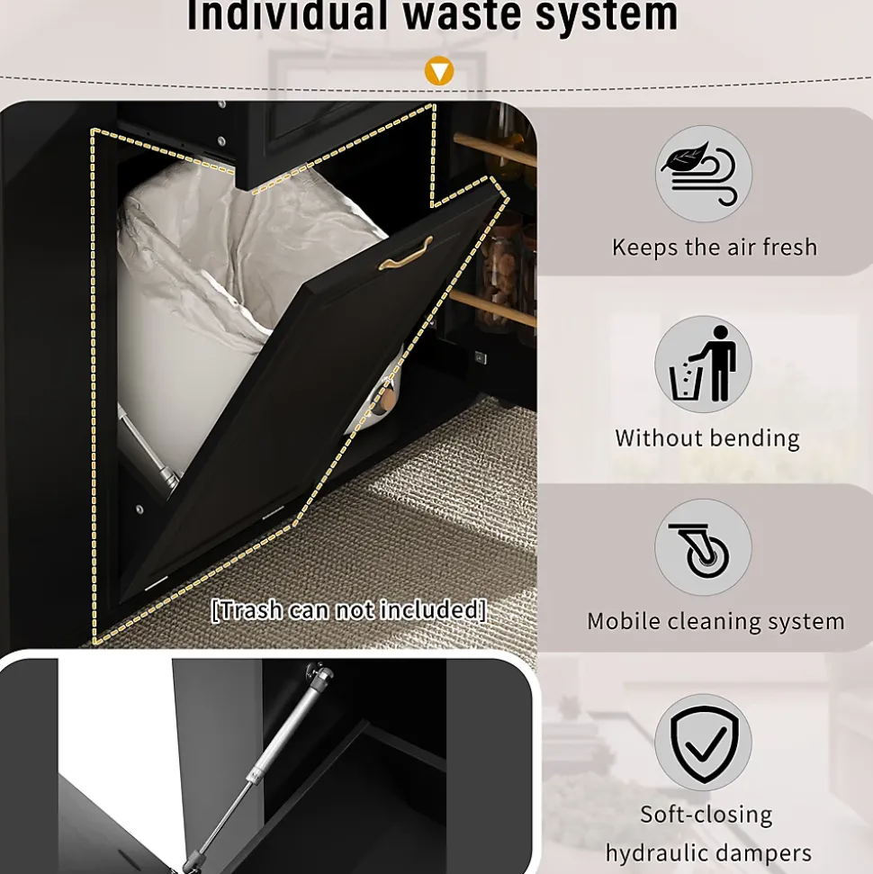 Îlot de Cuisine - Desserte de Cuisine avec Plan de Travail Rabattable et Compartiments de Poubelle - MDF + PB - Noir