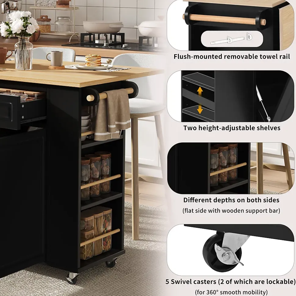 Îlot de Cuisine - Desserte de Cuisine avec Plan de Travail Rabattable et Compartiments de Poubelle - MDF + PB - Noir