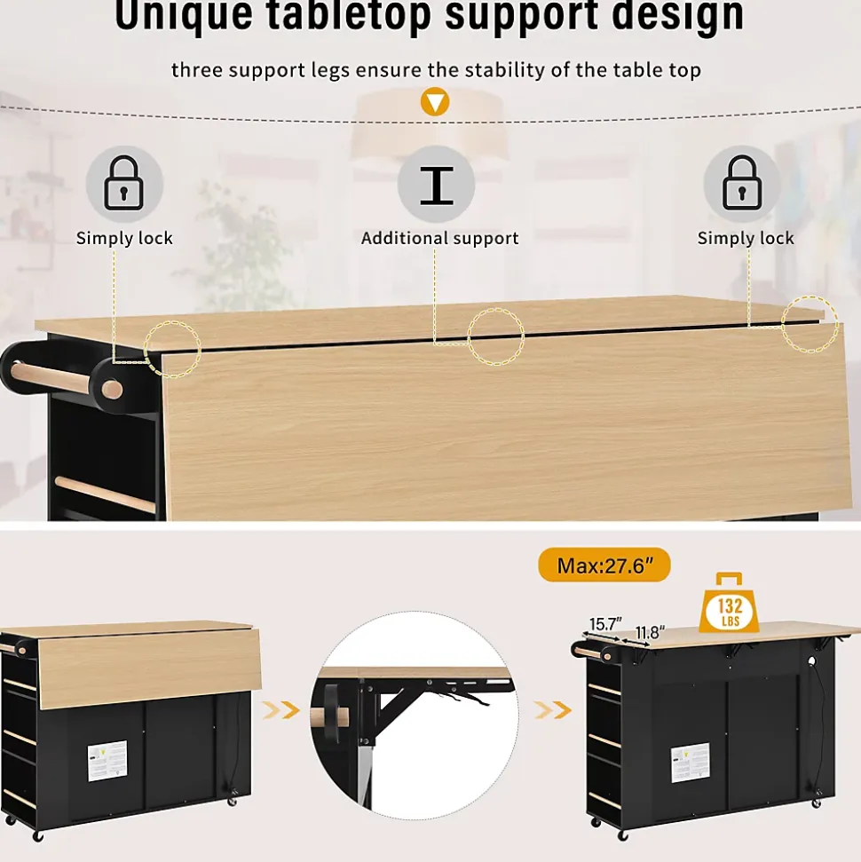 Îlot de Cuisine - Desserte de Cuisine avec Plan de Travail Rabattable et Compartiments de Poubelle - MDF + PB - Noir