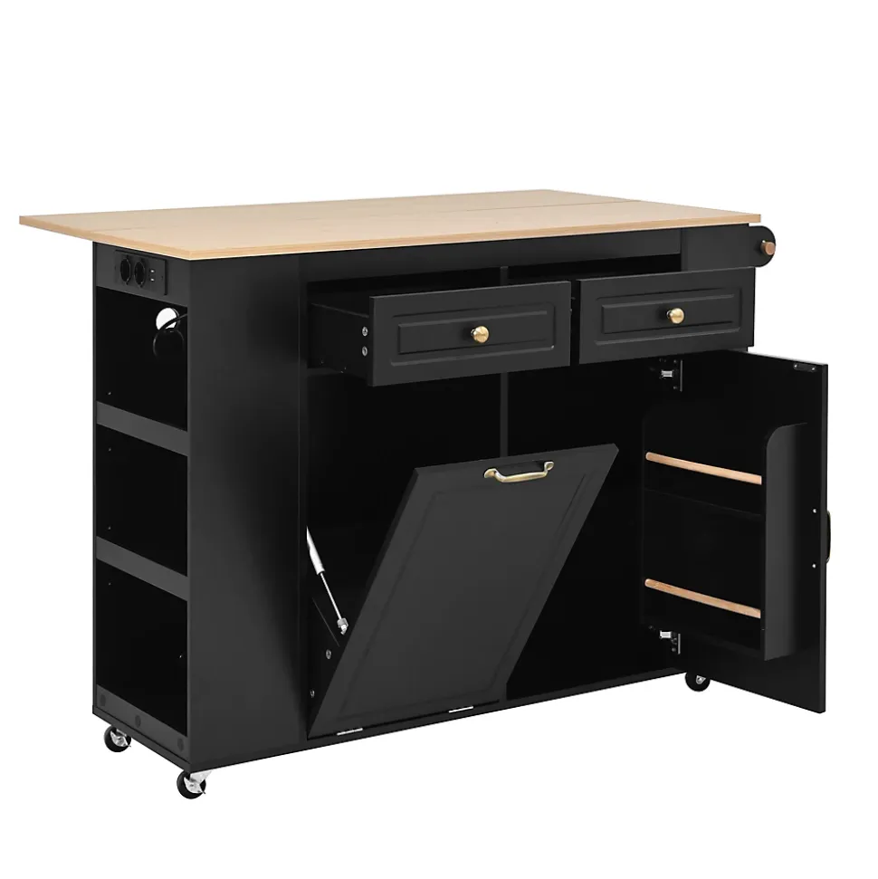 Îlot de Cuisine - Desserte de Cuisine avec Plan de Travail Rabattable et Compartiments de Poubelle - MDF + PB - Noir