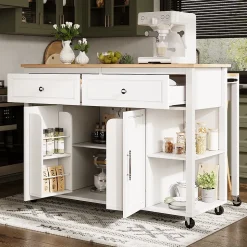 Îlot de Cuisine - desserte Multifonction avec Rangement Ajustable et Porte-Serviettes - Métal, MDF - Blanc 120x50-81,5x92 cm