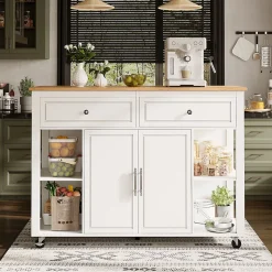 Îlot de Cuisine - desserte Multifonction avec Rangement Ajustable et Porte-Serviettes - Métal, MDF - Blanc 120x50-81,5x92 cm