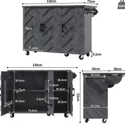 Îlot de Cuisine - desserte avec Tablette Extensible et Rangement Modulable, MDF Métal, Gris 118x45-75x92 cm