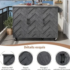 Îlot de Cuisine - desserte avec Tablette Extensible et Rangement Modulable, MDF Métal, Gris 118x45-75x92 cm
