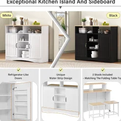 Îlot de Cuisine - Desserte de Cuisine Multifonction avec Table Pliante et 2 Chaises - Compartiments Ouverts - MDF + PB - Blanc