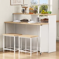 Îlot de Cuisine - Desserte de Cuisine Multifonction avec Table Pliante et 2 Chaises - Compartiments Ouverts - MDF + PB - Blanc