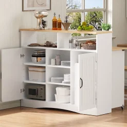 Îlot de Cuisine - Desserte de Cuisine Multifonction avec Table Pliante et 2 Chaises - Compartiments Ouverts - MDF + PB - Blanc